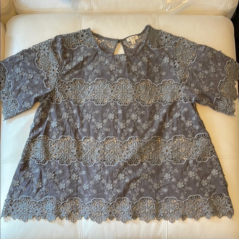 POL Grey Lace Embroidered Blouse - Size L